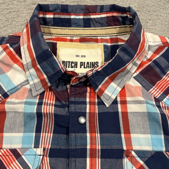Ditch Plains Western Shirt Men's L Blue Plaid Pearl Snap Roll Tab Long Sleeve‎ - Picture 7 of 15